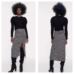Zara Draped Black Moody Micro Floral Print Ruched Side Slit Midi Skirt XS